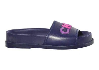 Pre-owned Chanel Women's  Logo Mule Sandal Leather Sneakers In Navy Blue
