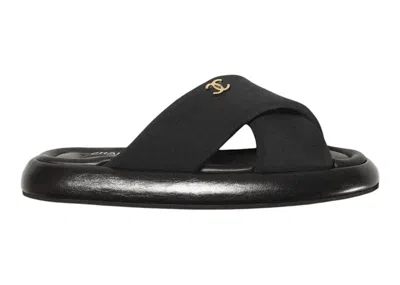 Pre-owned Chanel Women's  Puffy Sandal Fabric Sneakers In Black/gold