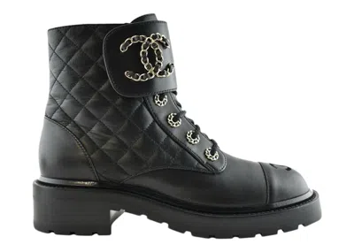Pre-owned Chanel Women's  Quilted Combat Boot Leather Sneakers In Black