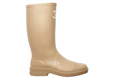 Pre-owned Chanel Women's  Rubber Rain Boots Sneakers In Beige