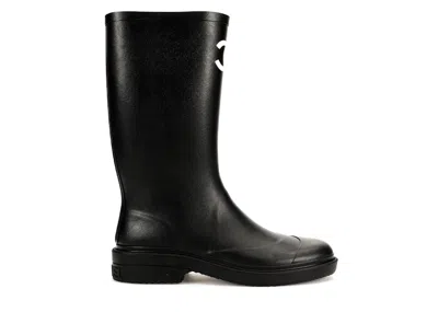 Pre-owned Chanel Women's  Rubber Rain Boots Sneakers In Black/white