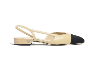 Pre-owned Chanel Women's  Slingback Flats Goatskin Sneakers In Beige/black