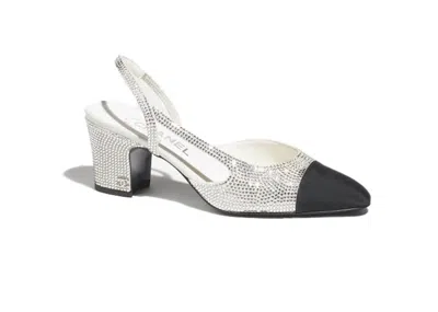 Pre-owned Chanel Women's  Strass 65mm Slingbacks Grosgrain Sneakers In Silver/black In Multi