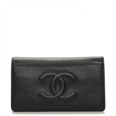 Pre-owned Chanel Women's  Timeless Cc Yen Wallet Caviar In Black