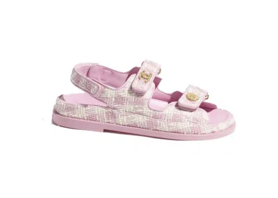 Pre-owned Chanel Women's  Tweed Sandal Cotton Sneakers In Pink/ecru/gold