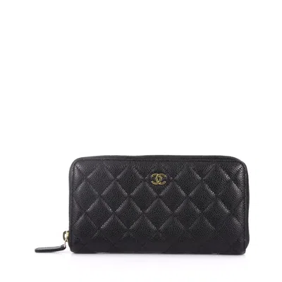 Pre-owned Chanel Women's  Zip Around Wallet Quilted Diamond Long In Black