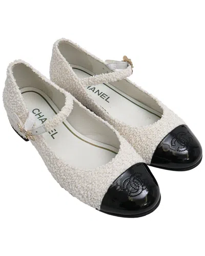 Chanel Women's Cotton Tweed Cc Tweed Mary Jane Ballet Flat (authentic Pre-  Loved) In White