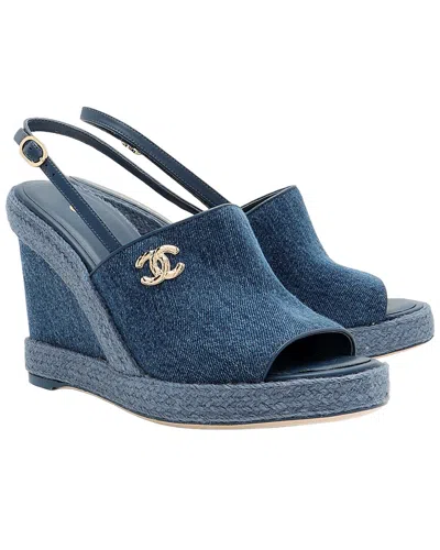 Pre-owned Chanel Women's Denim, Jute 7 Leather Cc Wedge Sandal (authentic Pre-loved)