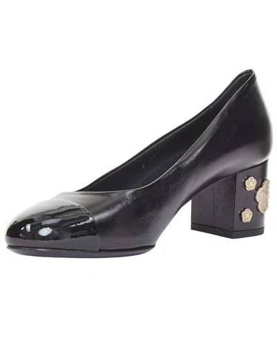 Pre-owned Chanel Women's Leather 2021 Cap Toe Camellia Block Heel Pump (authentic Pre-  Loved)