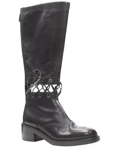 Pre-owned Chanel Women's Leather Calfskin Cross Stitch Cut Out Cc Toe Cap Block Heel  Boot (authentic Pre-love