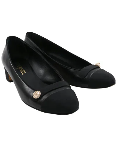 Pre-owned Chanel Women's Leather Cap Toe Cc Pearl Detail Ballet Flat (authentic Pre-  Loved)