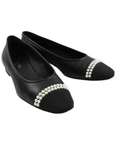 Pre-owned Chanel Women's Leather Cap-toe Pearl Detail Ballet Flat (authentic Pre-loved)