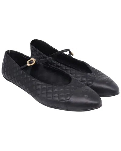 Pre-owned Chanel Women's Leather Cc Cap-toe Quilted Mary Jane Ballet Flat (authentic  Pre-loved)