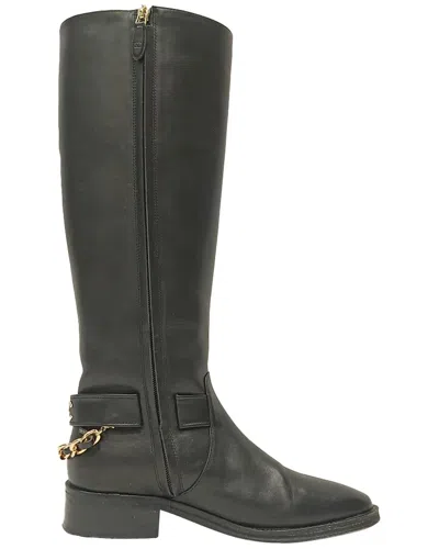 Pre-owned Chanel Women's Leather Cc Chain Knee-high Riding Boot (authentic Pre-loved)