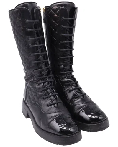 Pre-owned Chanel Women's Leather Cc Quilted Mid-calf Combat Boot (authentic Pre-loved)