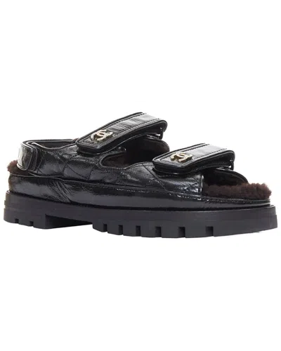 Pre-owned Chanel Women's Leather Laminated Shearling Crystal Cc Dad Sandal (authentic  Pre-loved)