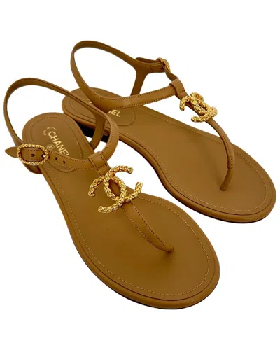 Pre-owned Chanel Women's Leather Logo T-strap Flat Sandal (authentic Pre-loved) In Brown/tan