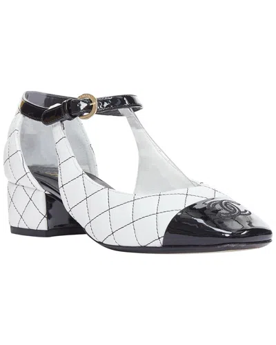 Pre-owned Chanel Women's Leather Quilted Topstitch Patent Cap Toe Maryjane Heel (authentic Pre-loved)