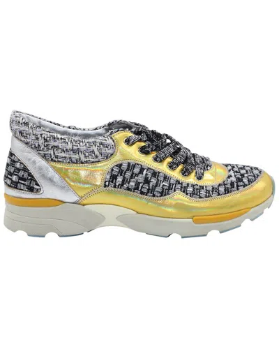 Pre-owned Chanel Women's Leather Tweed Lace Up Sneaker (authentic Pre-loved)