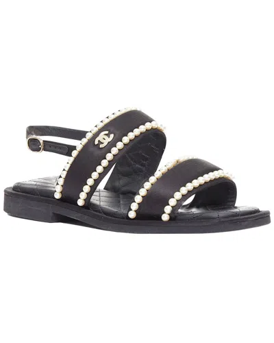Pre-owned Chanel Women's Satin Black Satin Pearl Sandal (authentic Pre-loved)