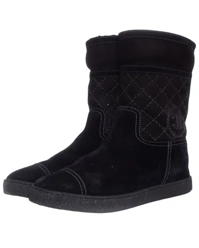 Pre-owned Chanel Women's Suede Quilted Bootie (authentic Pre-loved) In Black