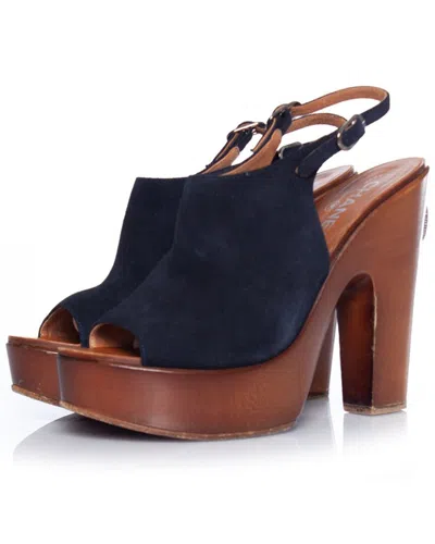 Pre-owned Chanel Women's Suede Wooden Platform Peep-toe Clog (authentic Pre-loved)