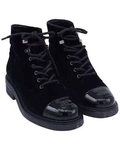 Pre-owned Chanel Women's Velvet Interlocking Cc Logo Combat Boot (authentic Pre-loved)