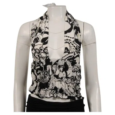 Pre-owned Chanel Womens Cc Logo 22c Print Halter Top Size It 38 White Black Silk Blouse
