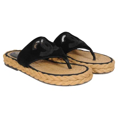 Pre-owned Chanel Womens Cc Logo Espadrille Sandals Size Us 8 Eu 38 Black Terry Cloth Flip