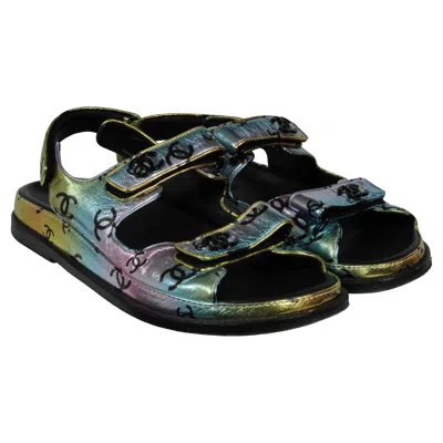 Pre-owned Chanel Womens Cc Logo Mule Sandals Size Us 10 It 40 Leather Metallic Blue Pink
