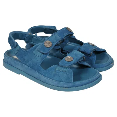 Pre-owned Chanel Womens Cc Logo Strap Dad Sandals Size Us 10 Eu 40 Blue Teal Suede Mules In Green
