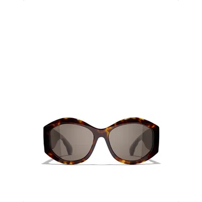 Pre-owned Chanel Womens Brown Ch5486 Oval-frame Acetate Tortoiseshell Sunglasses