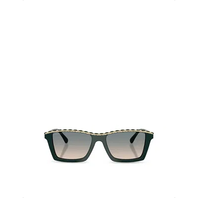 Pre-owned Chanel Womens Ch5548q Rectangle-frame Acetate And Leather Sunglasses Green