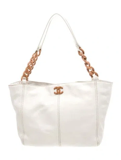 Pre-owned Chanel Wood Chain Cc Tote In White