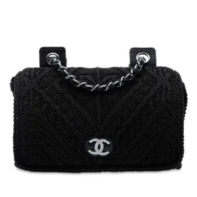 Pre-owned Chanel Wool Cc Medium Woven Crochet Knit Single Flap In Black