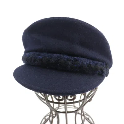 Pre-owned Chanel Wool Cotton Coco Mark Metal Knit Hat S In Blue