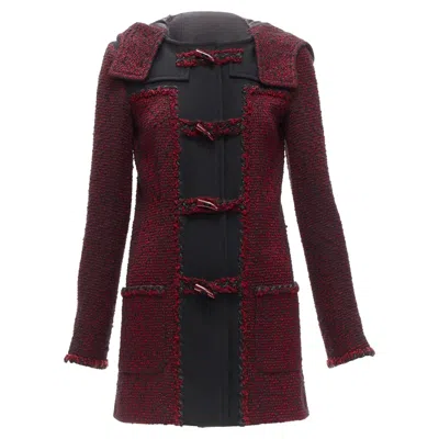 Pre-owned Chanel Wool Tweed Cc Logo Toggle Button Duffel Coat In Red