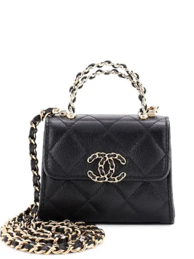 Pre-owned Chanel Woven Chain Cc Top Handle Flap Clutch With Chain Quilted Caviar Mini Crossbody Bag In Black