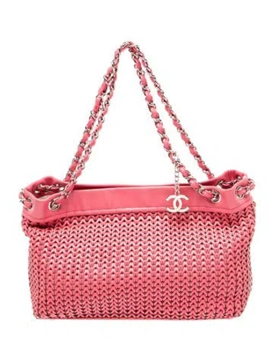 Pre-owned Chanel Woven Leather Cc Charm Tote In Pink