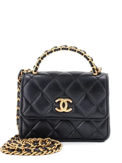 Pre-owned Chanel Woven Top Handle Cc Flap Clutch On Chain Quilted Lambskin Small Satchel In Black