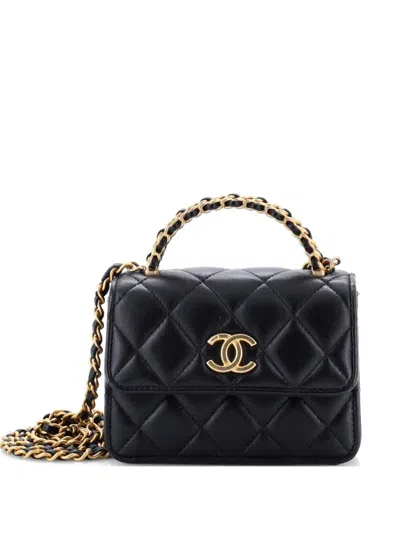 Pre-owned Chanel Woven Top Handle Cc Flap Clutch On Chain Quilted Lambskin Small Satchel In Black