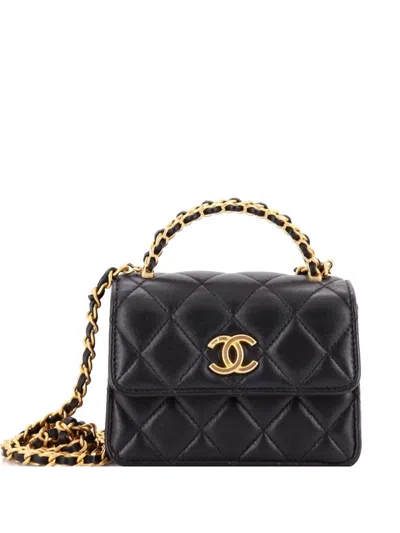 Pre-owned Chanel Woven Top Handle Cc Flap Clutch On Chain Quilted Lambskin Small Satchel In Black