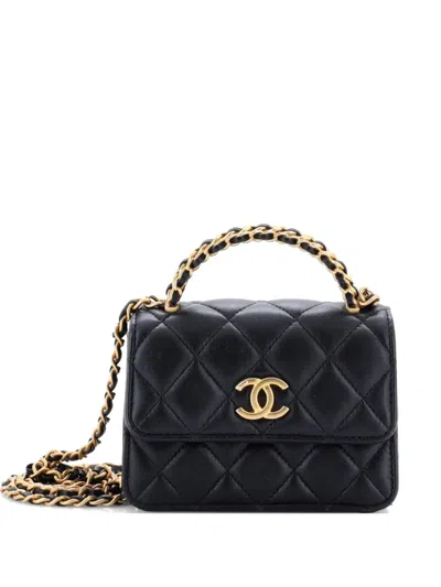 Pre-owned Chanel Woven Top Handle Cc Flap Clutch On Chain Quilted Lambskin Small Satchel In Black