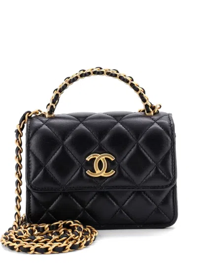 Pre-owned Chanel Woven Top Handle Cc Flap Clutch On Chain Quilted Lambskin Small Satchel In Black
