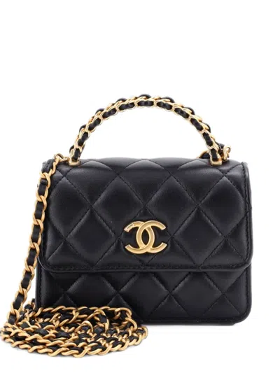 Pre-owned Chanel Woven Top Handle Cc Flap Clutch On Chain Quilted Lambskin Small Satchel In Black