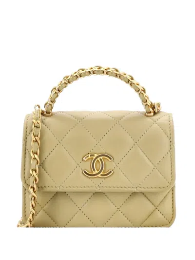 Pre-owned Chanel Woven Top Handle Cc Flap Clutch On Chain Quilted Lambskin Small Satchel In Green