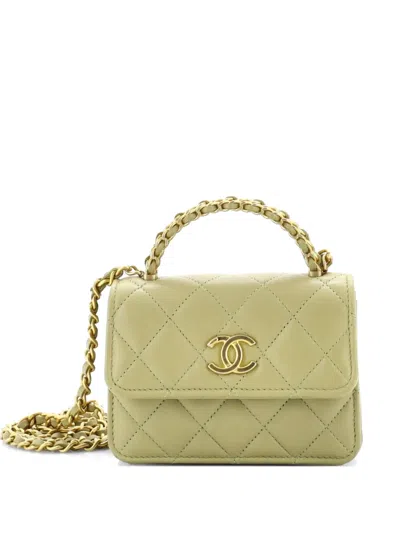 Pre-owned Chanel Woven Top Handle Cc Flap Clutch On Chain Quilted Lambskin Small Satchel In Green