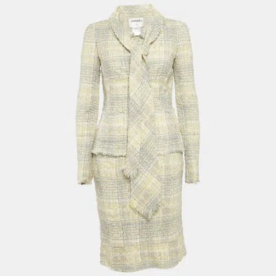 Pre-owned Chanel Yellow & Grey Tweed Blazer Skirt & Tie Set M