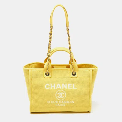 Pre-owned Chanel Yellow Canvas And Leather Small Deauville Shopper Tote