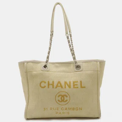 Pre-owned Chanel Yellow Canvas Deauville Medium Tote Mm Bag
